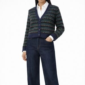 VINTAGE LISE J. Mohair Blend Striped Cardigan | S | Navy Green | Retro Preppy